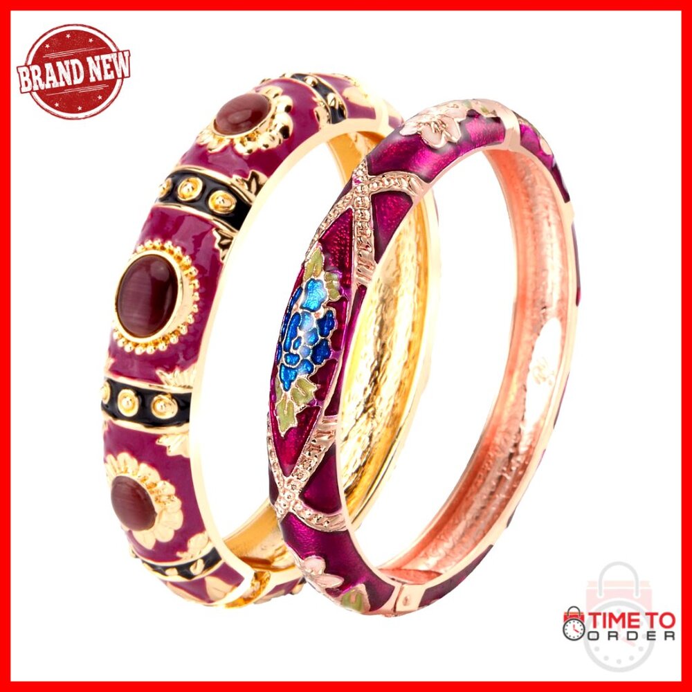 Vintage Cloisonne Enamel Cuff Bracelets Set Elegant Handmade Rhinestone Bangle